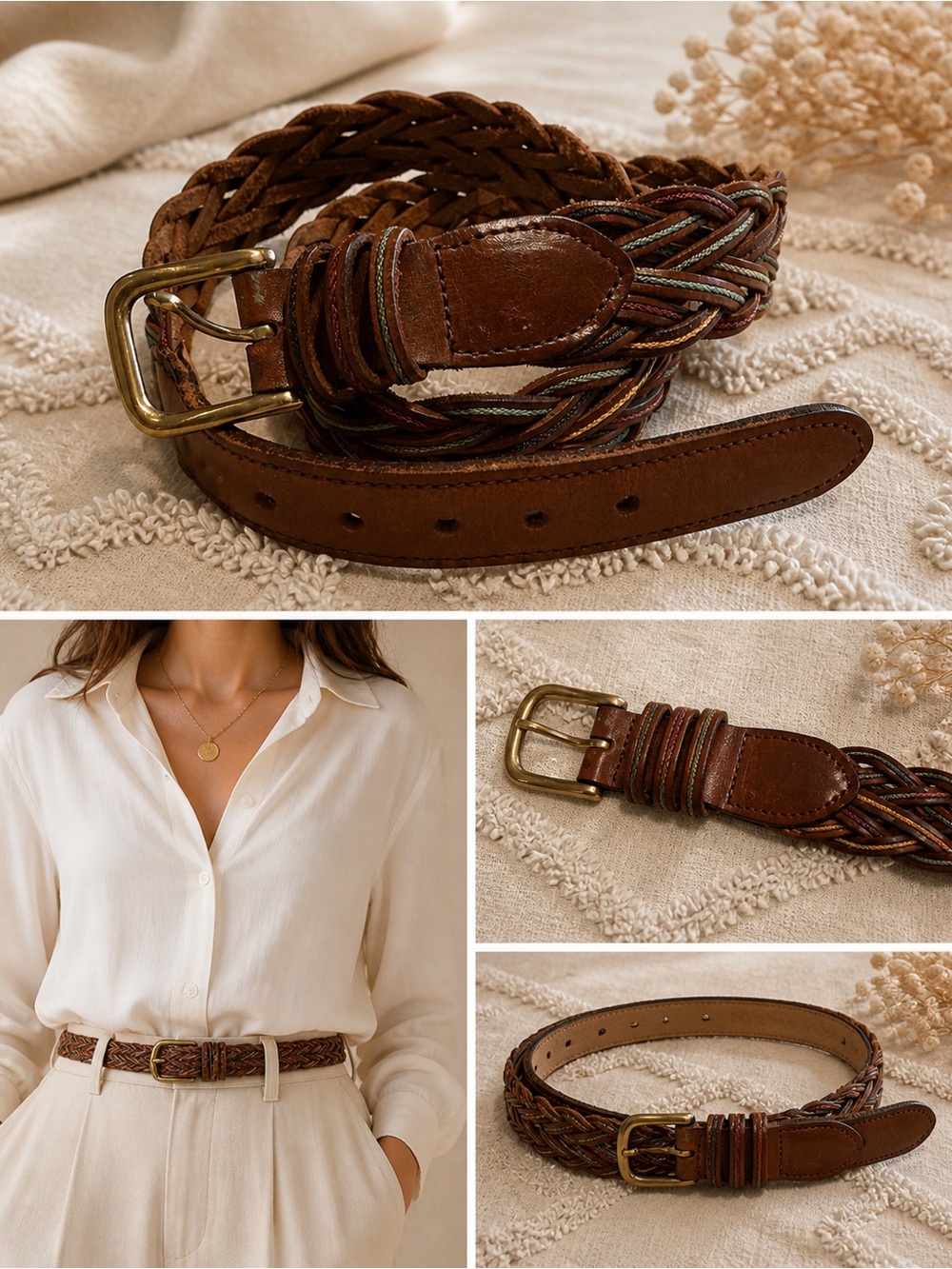 Vintage Colours by Alexander Julian Braided Brown Leather Belt Woven Style